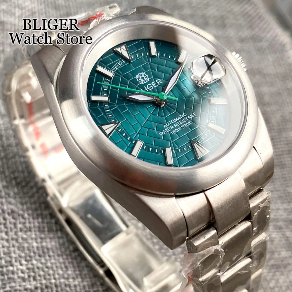 BLIGER 36mm/39mm NH35A Automatic Men\'s Watch Blue Webbed Dial Green Luminous Brushed Bezel Steel Bracelet Date