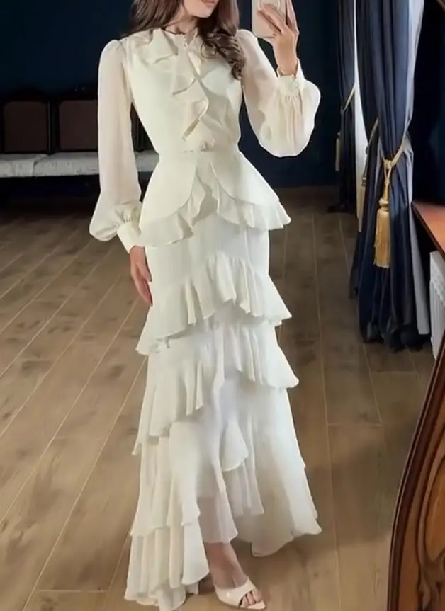 French Rhinestone Button Decor Round Neck Lantern Sleeve Maxi Zipper Back Layered Ruffle Hem Chiffon Evening Dress with Belt
