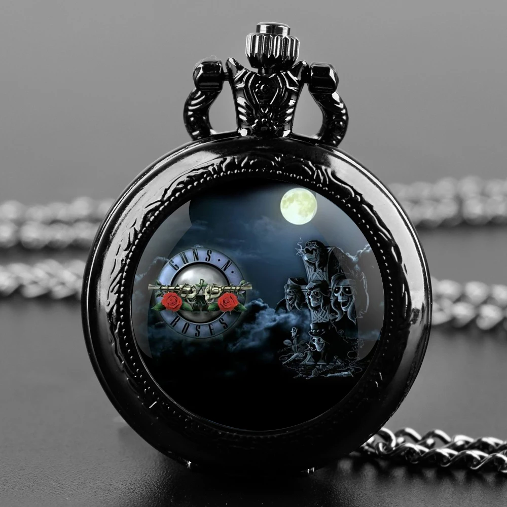 Black Stainless Steel Guns N Roses Bullet Logo  Dome Quartz Pocket Watch Necklace Women Jewelry Pendant Chain Children Gifts