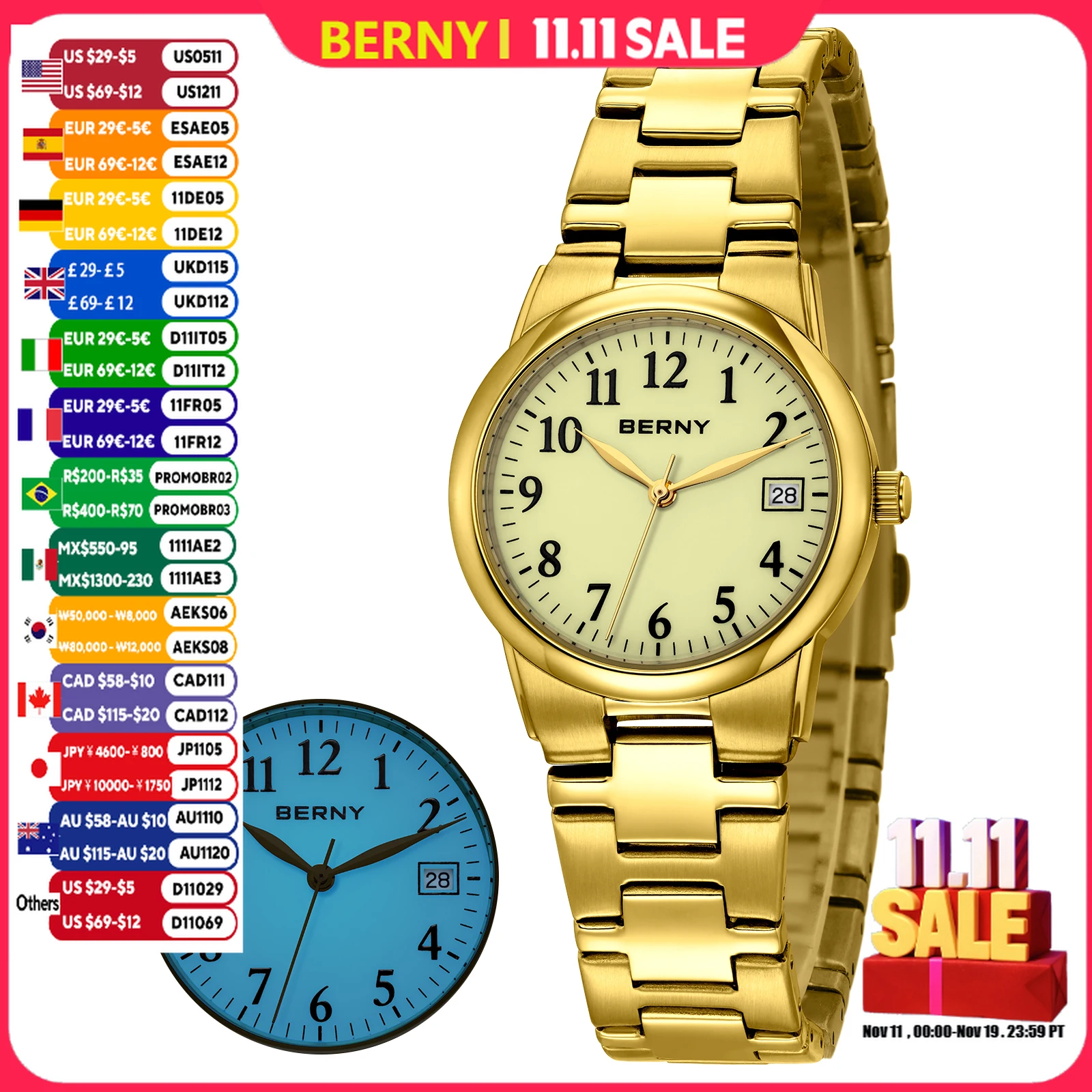 

BERNY Golden Watches for Women Full Luminous Dial Fashion Casual Ladies Quartz Watch Calendar Easy Read Elegant Wristwatch