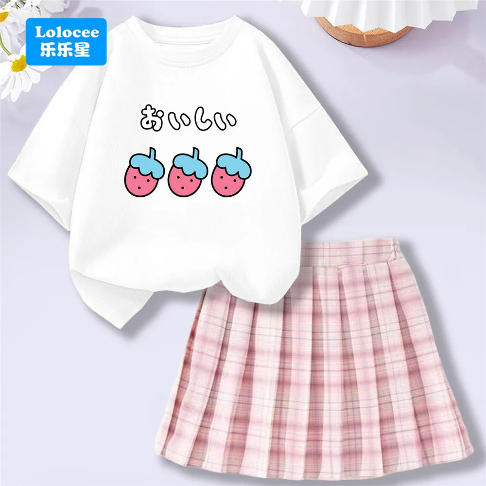 Kids' Short SleeveT - Shirt and Plaid Pleated Skirt Set Girls Cute Strawberry Print Fashion Outfit Clothes CMSK1