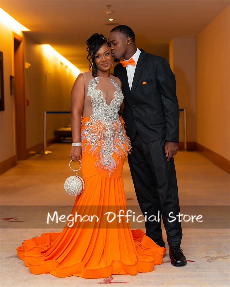 Orange O Neck Long Prom Dresses For Black Girls Bead Crystal Rhinestone 2024 Birthday Luxury Dress Feather Evening Dresses