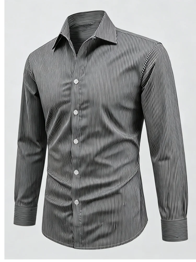 Men's Premium Black Grey Vertical Striped Cotton Long Sleeve Shirt, Pocket-Free Slightly Loose Draped Fit Button Down, Perfect F