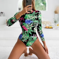 Costume da bagno intero da donna costumi da bagno stampa floreale manica lunga costume da bagno Push Up costume da bagno body da surf Monokini abbigliamento da spiaggia