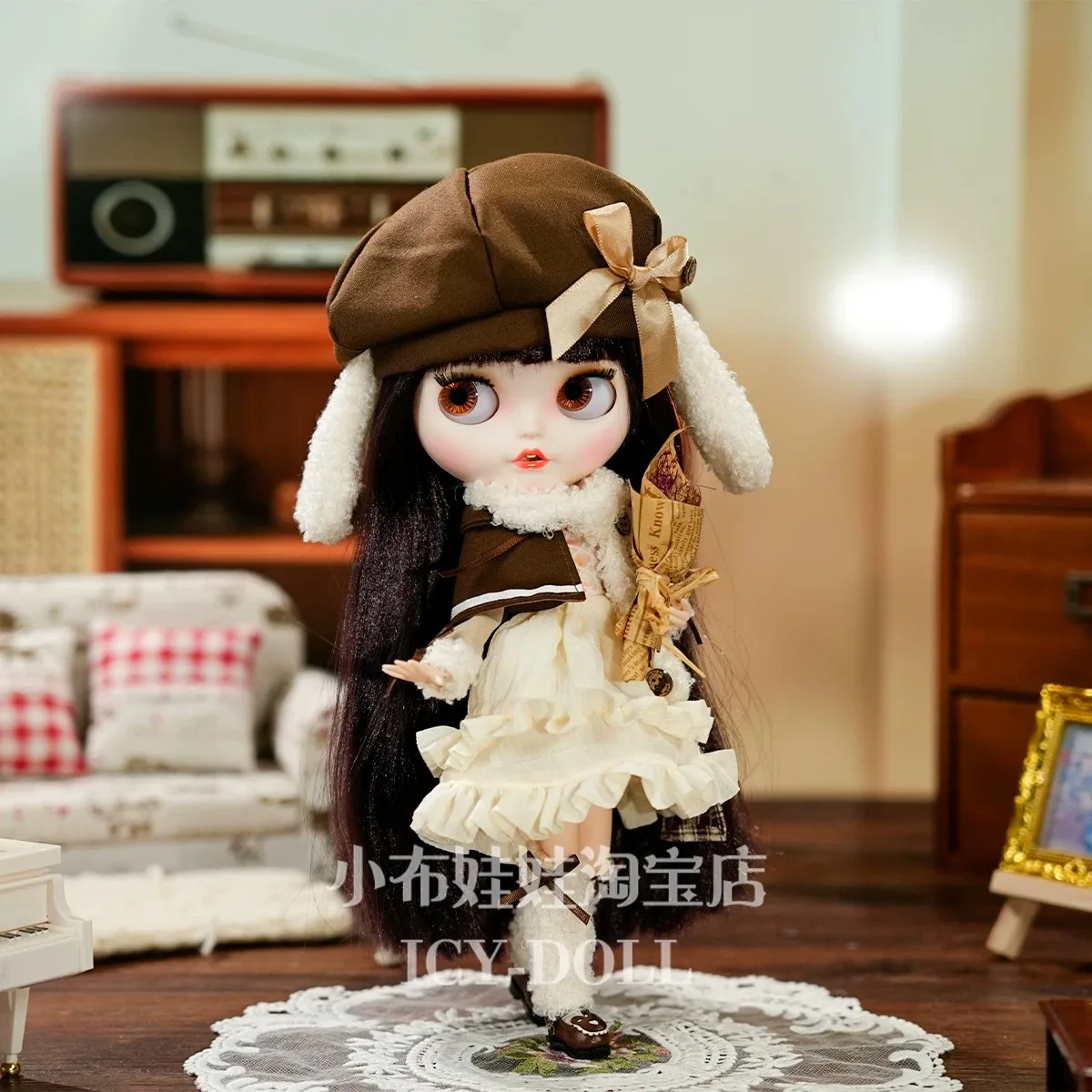 1/6 Blythe Doll Clothes Accessories Detective-themed Brown Retro Lolita Cape Dress+Rabbit Hat+Sock Covers For Blythe OB24 Azone