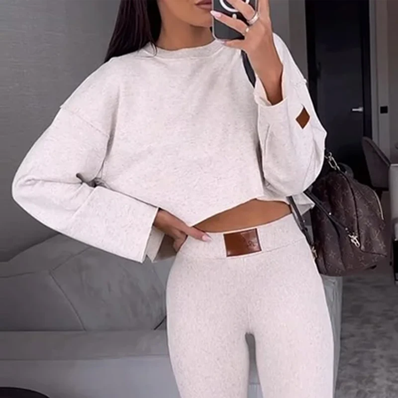 Waytobele Women 2 Piece Set Spring Casual Simple Crew Neck Long Sleeve Sweatshirt High Waist Top Legs Pants Sets