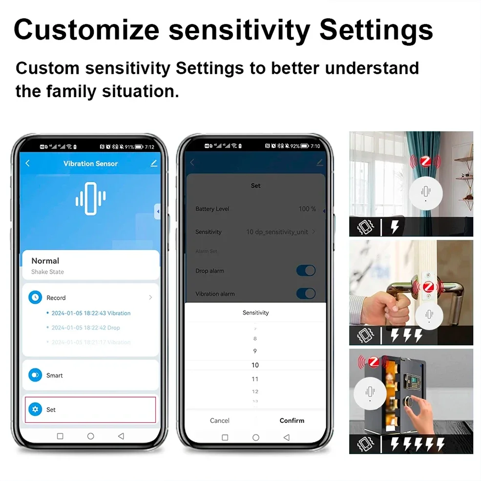 Tuya-ZigBee Sensor de Vibração Inteligente, Monitoramento em Tempo Real, Detecção de Alarme, Home Security, Protection System, App Remote Notification