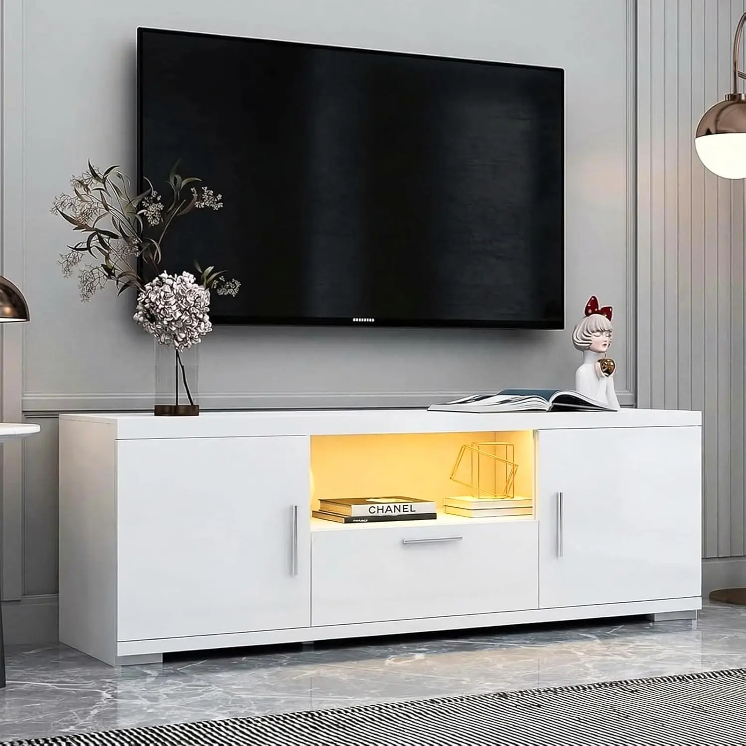 

Modern Entertainment Center TV Stand RGB Lights Glass Shelves Storage Cabinet White 51" Living Room Bedroom Customized