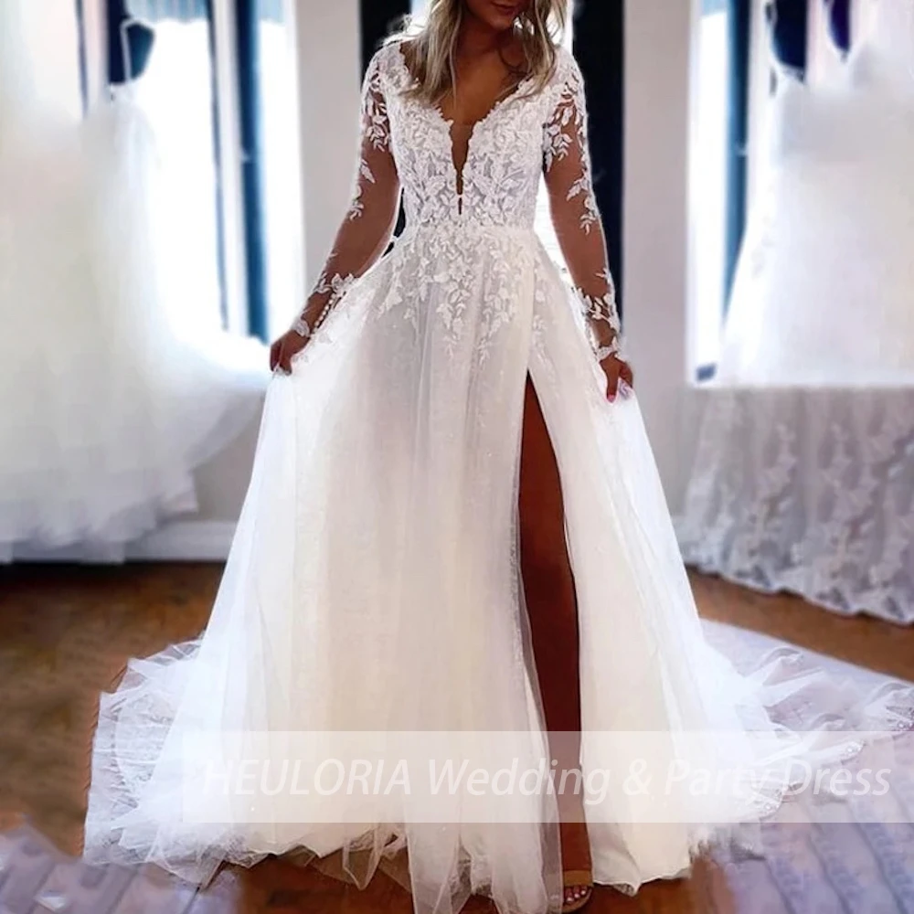 Elegant lace applique A line wedding dress long sleeve shinny skirt bridal dress Robe De Mariee Bride Dress