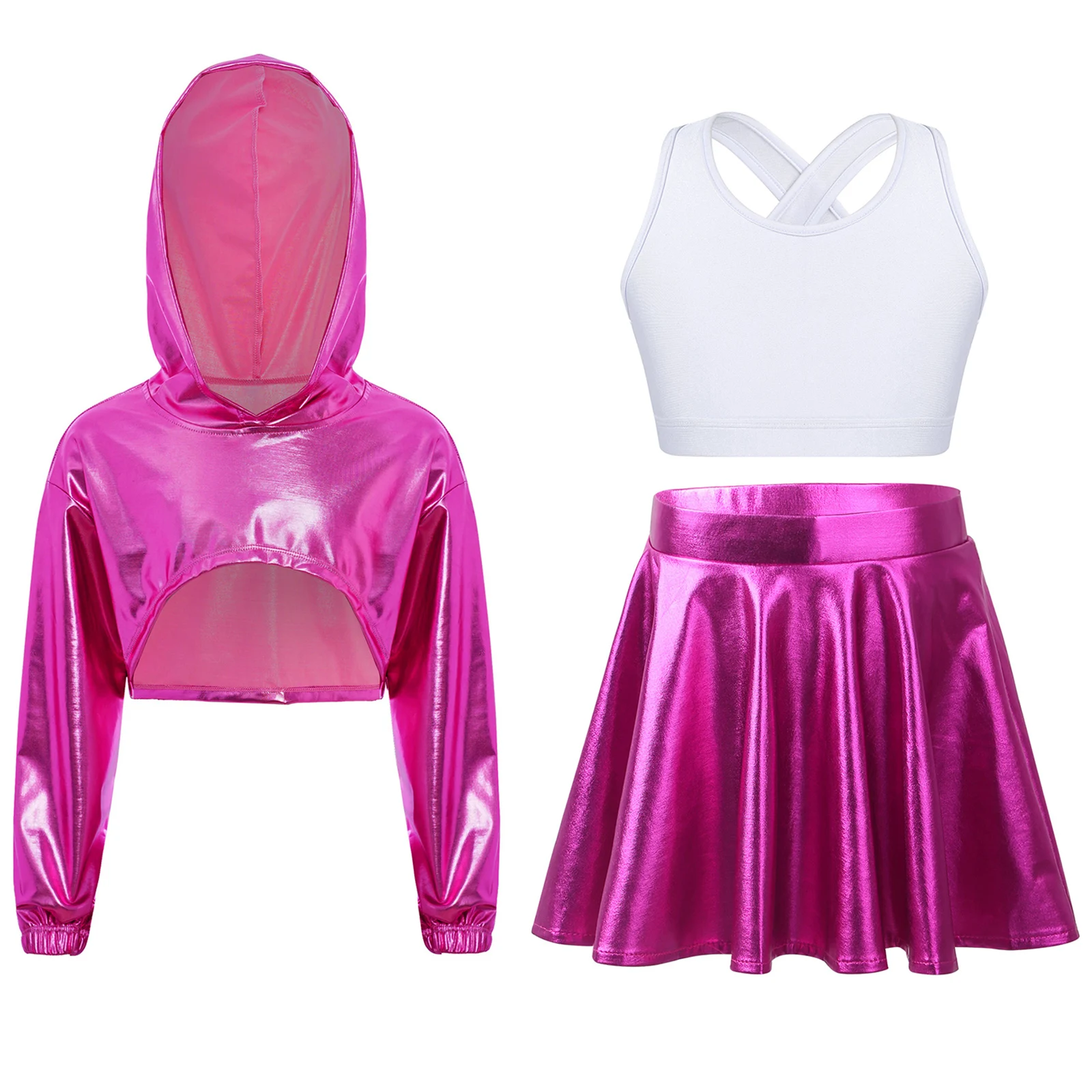 Kids Girls Hip-Hop Jazz Street Dance Outfit School Cheerleading Costume Long Sleeve Metallic Shiny Hoodie Tops with Vest Skirt