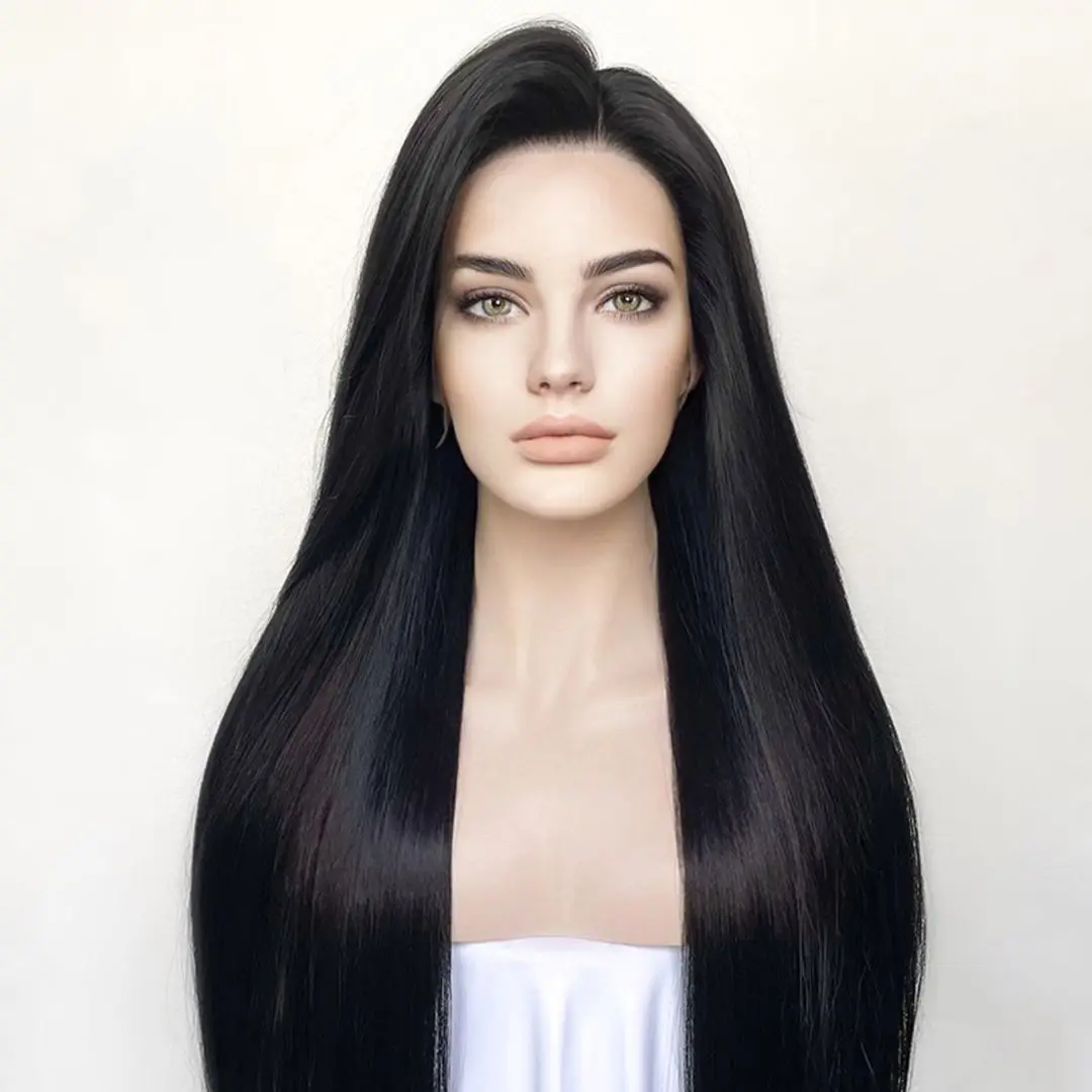 Perucas de cabelo sintético com cabelo do bebê, perucas dianteiras longas do laço, nenhum derramamento, sedoso em linha reta, Jet Black, Glueless,