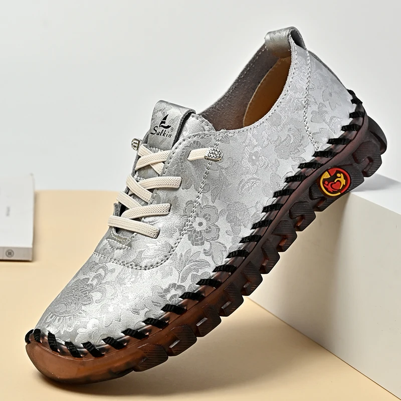 Print Fashion Sneakers Women Hand-stitching Leather Casual Shoes Design Platform Loafers Breathable Flats Shoe Driving Plus Size