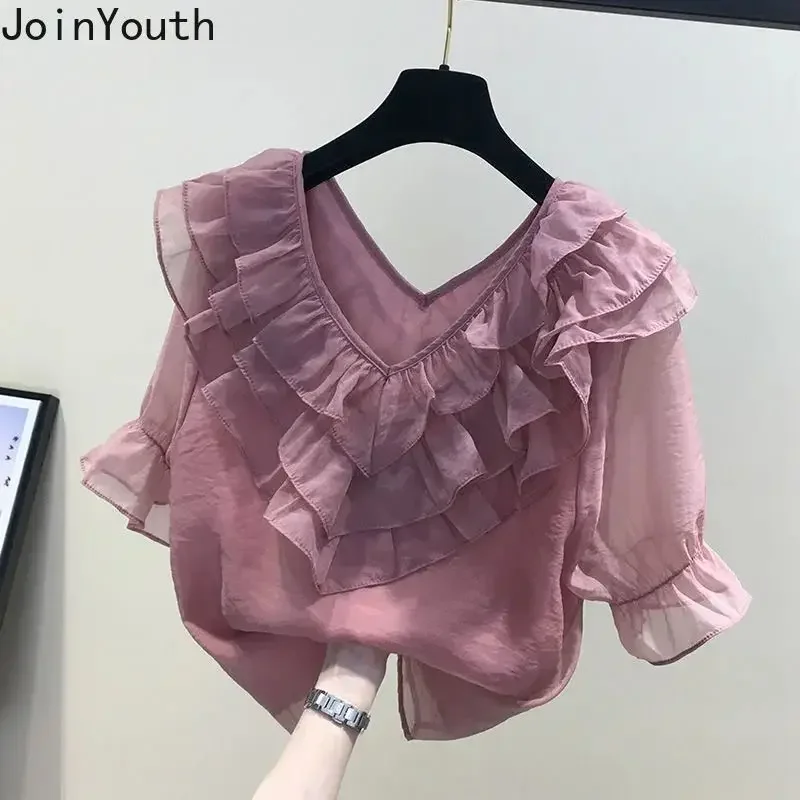 2024 Blusas Mujer De Moda Summer Blouses for Women Short Sleeve V-neck Korean Shirts Sweet Ruffles Chiffon Loose Blouse Tops