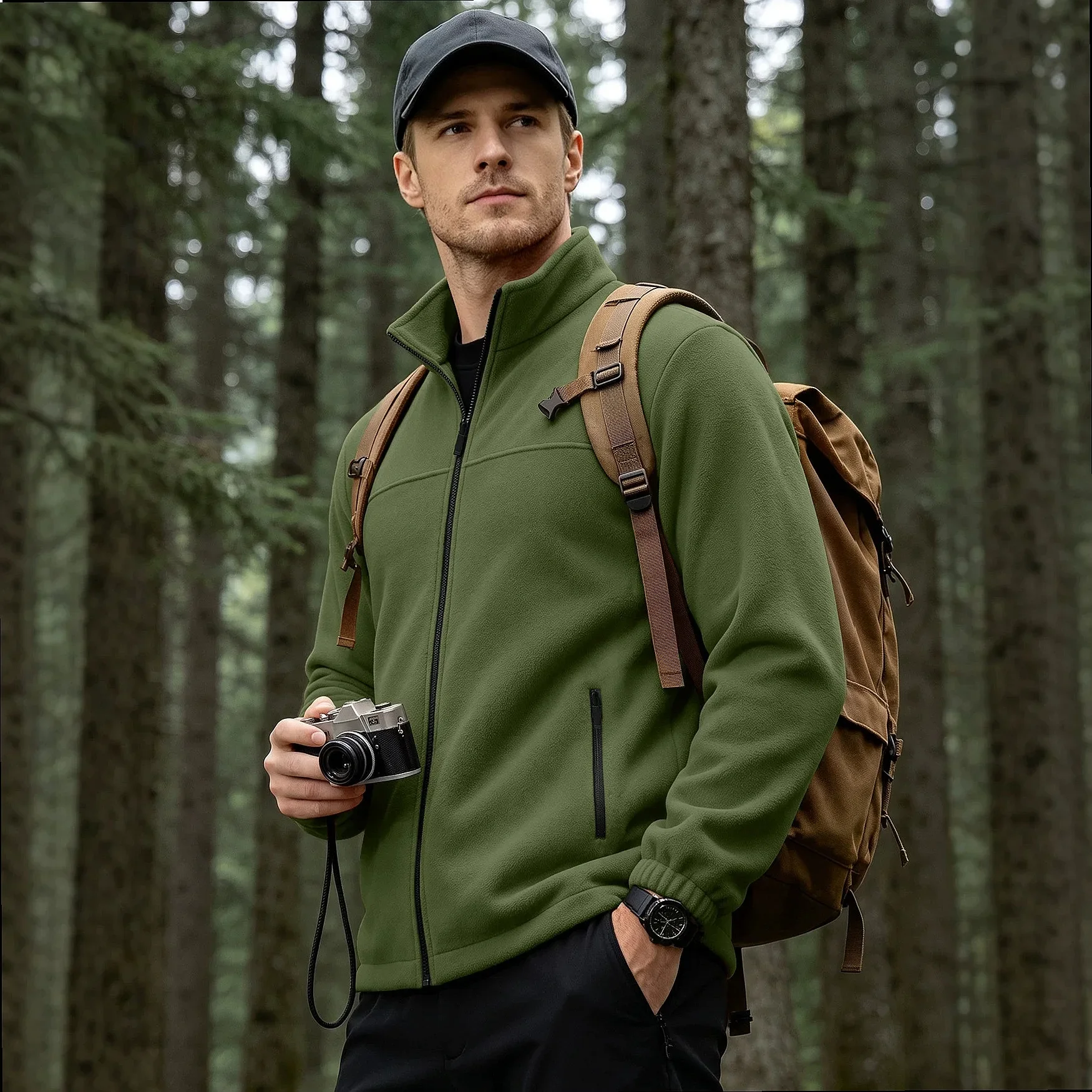 Men Solid Color Fleece Jacket Stand Collar Full Zip Warm Lightweight Autumn Winter Outdoor Sports Casual Cardigan Outerwear