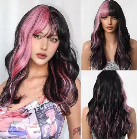 

Black Mixed Pink Synthetic Hair Wigs Medium Length Curly Multicolor Wig with Bangs Cosplay Party Halloween Wigs for Women 18 in