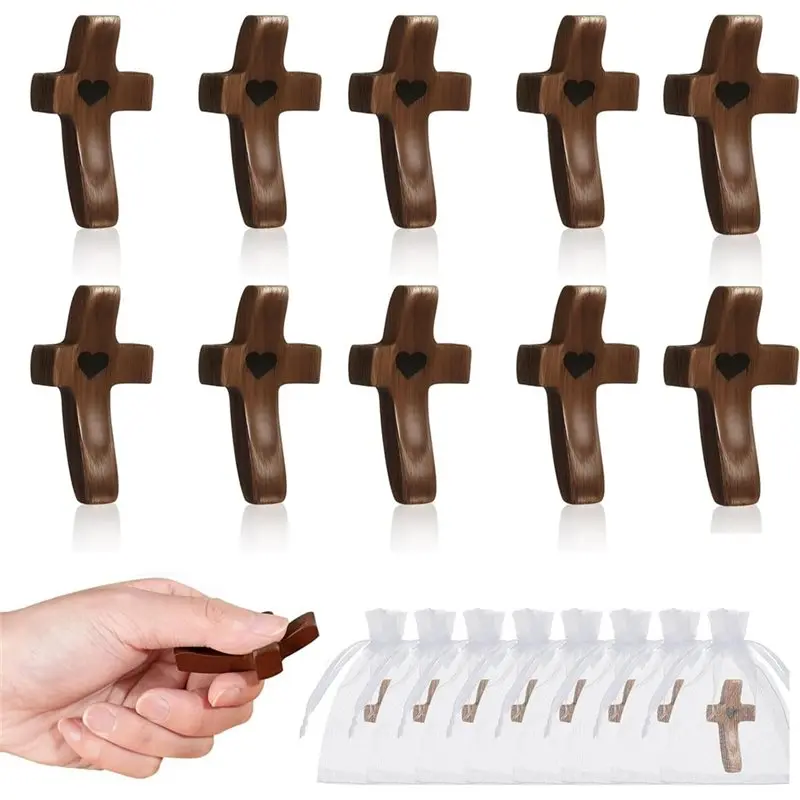 AS60-Handmade Wooden Cross Fidget Bulk 10 Pieces With Organza Bags-Stress Relief Pocket Cross My Heart For Christian