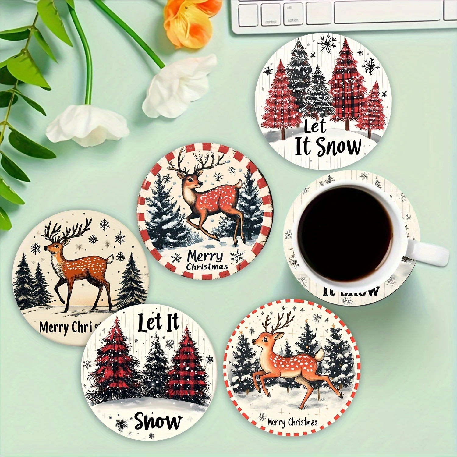 Christmas round Wooden Anti-Scald Cup Mat 2D Checkered Pattern with Deer Pine Trees & Snowflake Design Holiday Party Table Decor