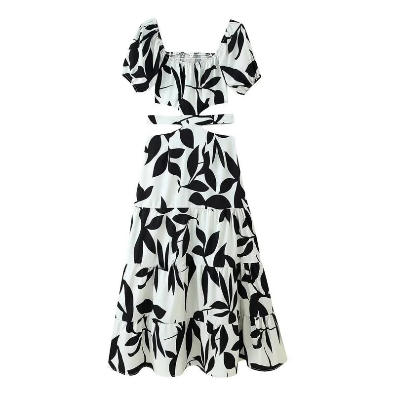 Verão impressão de um ombro cintura recorte com cinto feminino Dr Ele cintura alta ort-Sve Midi Dr Ci-Walk entrada