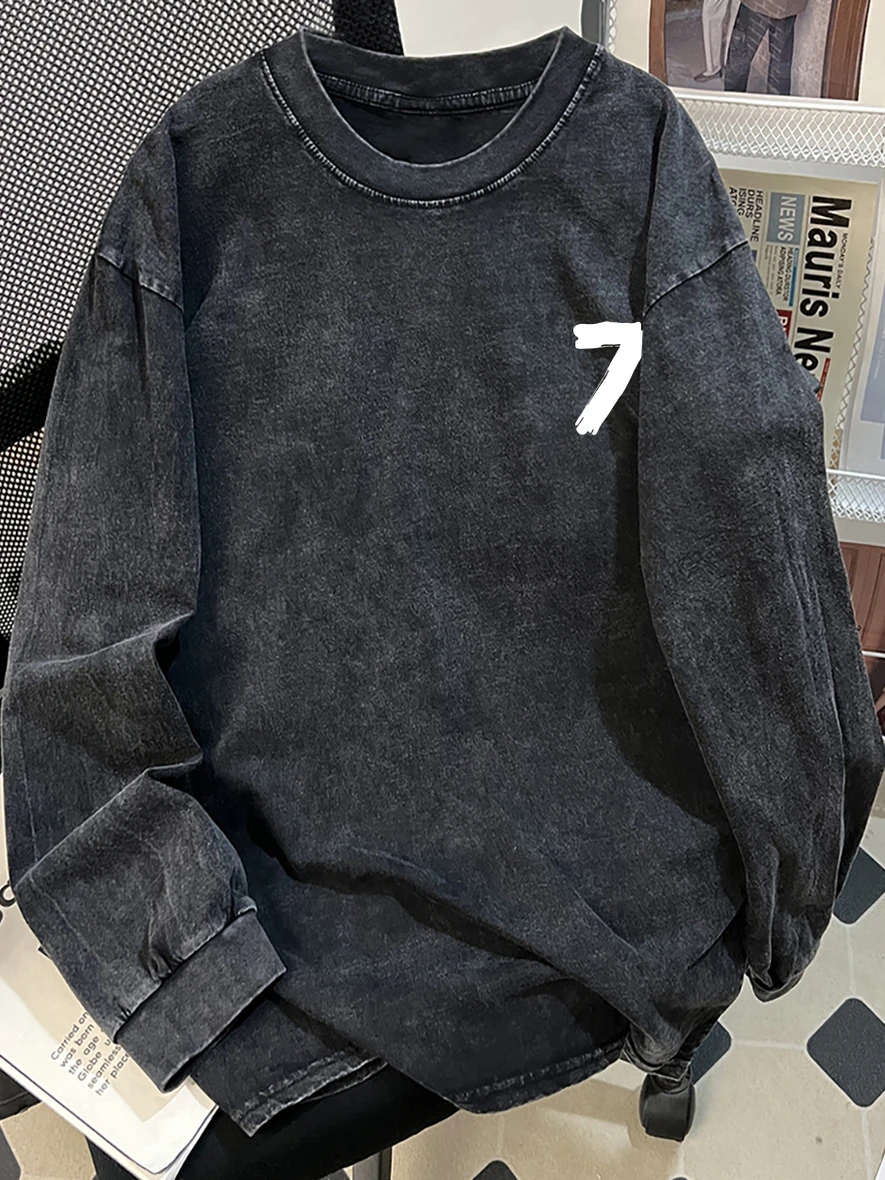 Outlet Brand Washed American Style Long Sleeve T-Shirt Unisex Loose Fit Versatile Top Women's Trim Label Printed Geometric Pa...