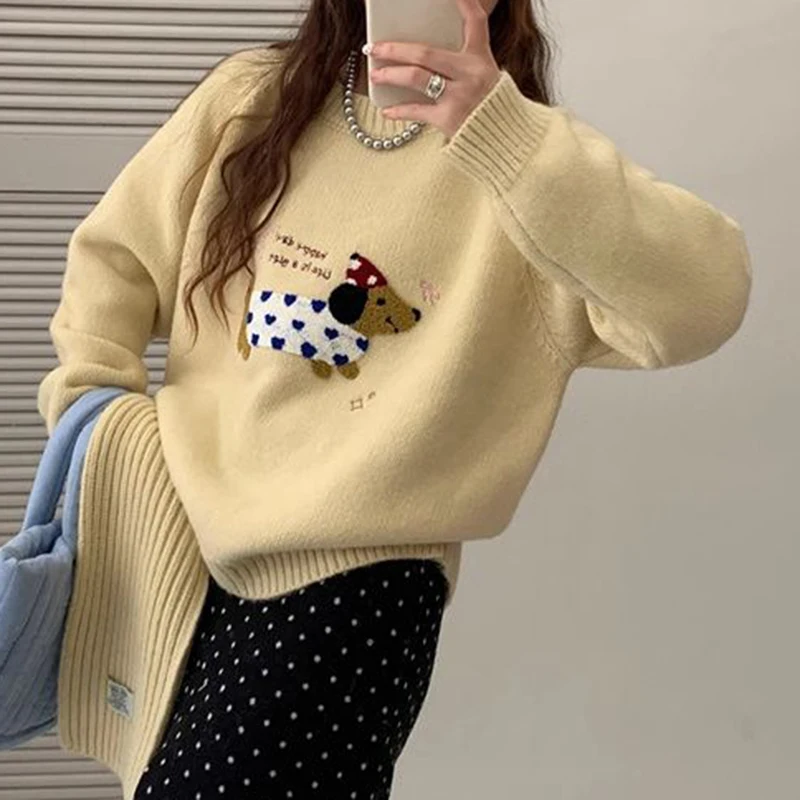 Cute puppy dog round neck pullover sweater Korean lazy loose autumn/winter  top for women  y2k clothes  sweater