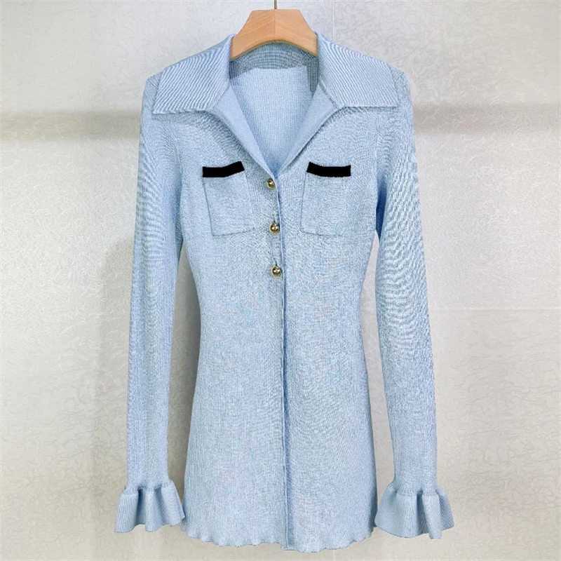 

Cardigan for women New elastic knitted lapel long sleeved top for autumn 2025 Single breasted slim fit women's sweater Blouse