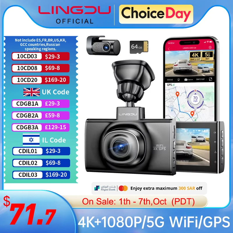 

LINGDU LD02 Lite Dash Cam 3inch Screen 4K Front 1080P Rear Camera 5.8Gh WiFi GPS Voice Control 24H Parking Monitor Night Vision