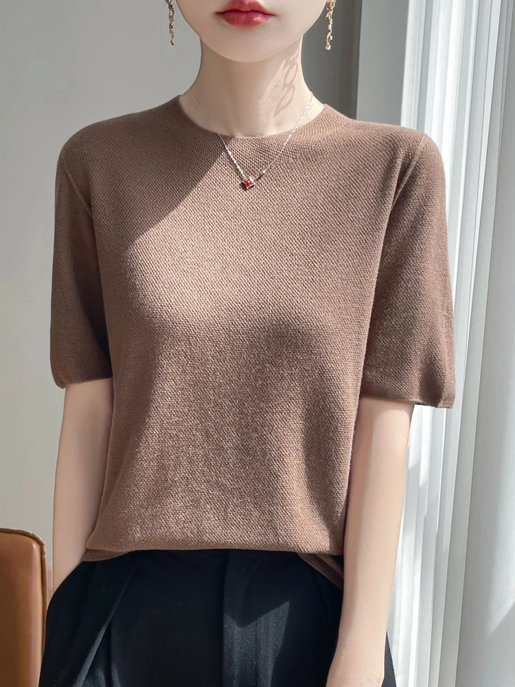 عادية الصيف النساء تي شيرت الحرير س الرقبة الصلبة الإناث بلوفر مغزول نصف كم رقيقة الملابس بلايز الأساسية تيز لينة ملابس خارجية