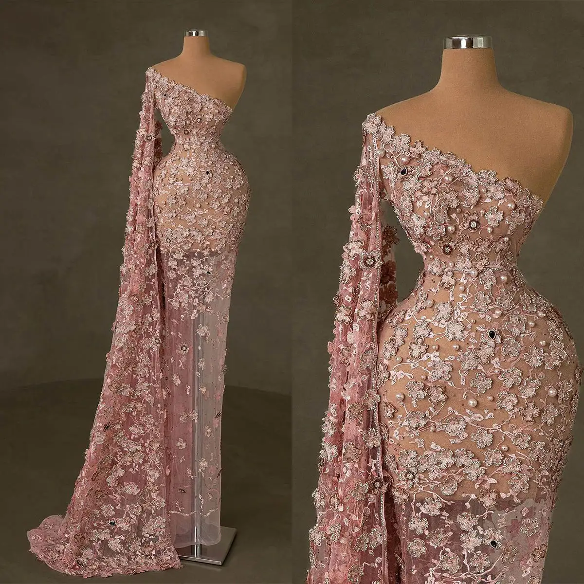Pink Sheath Gown Wedding Dresses Crystals Flowers Lace Bridal Gowns Big Size Floor Length Vestidos De Novia Custom Size Colour