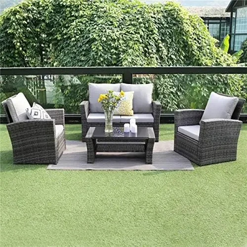 

4 Piece Patio Furniture Sets, All-Weather Wicker Conversation Sets, Outdoor Rattan Sectional Sofa Chair with Cushions