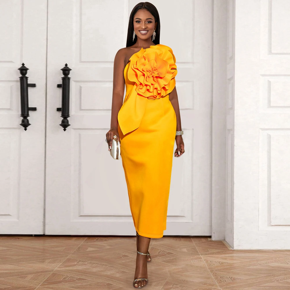 

Yellow Gold 2024 Short Prom Dresses For Black Girls Big Flower One Shoulder Straight Elastic Wedding Party Gowns Wholesale