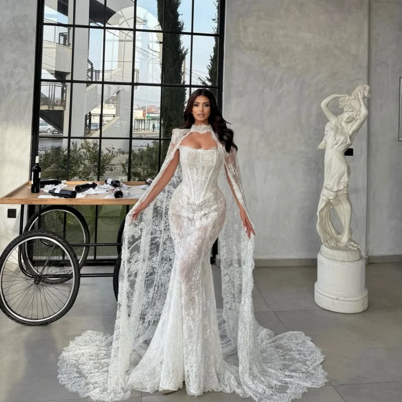 Luxury Fashion Mermaid Strapless Lace Cape Sequin Embroidery Fabric Mesh Slim Fitting Evening Prom Party Wedding Bridal Dress
