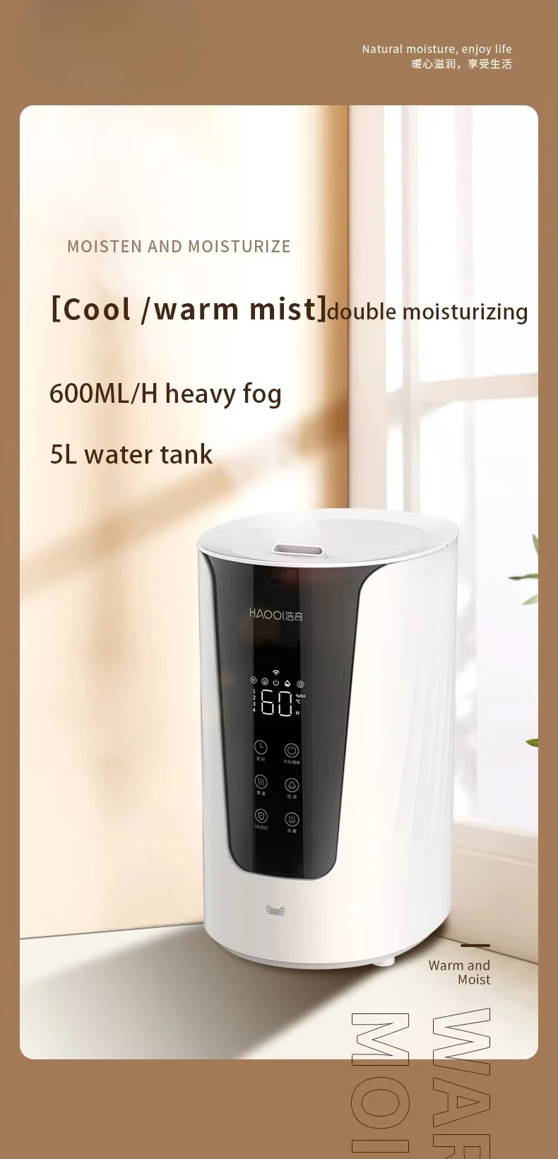 5L 600ml/h Large Mist Volume Desktop Warm Mist Ultrasonic Humidifier Remote Control WiFi App Optional New TPC Heating Head