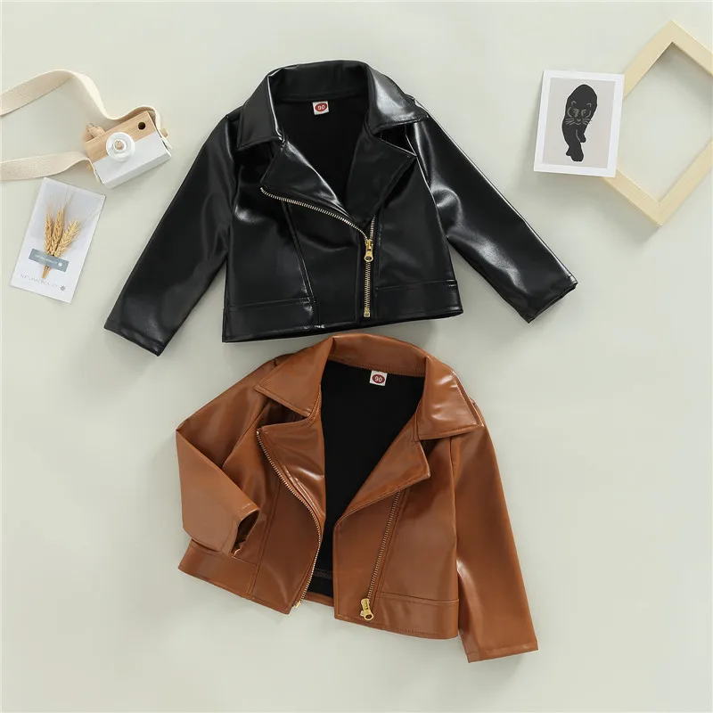 

1-5years Kids Pu Leather Jacket Long Sleeve Turn-Down Collar Zipper Closure Outwear For Girls Spring Fall Leather Coats For Boys