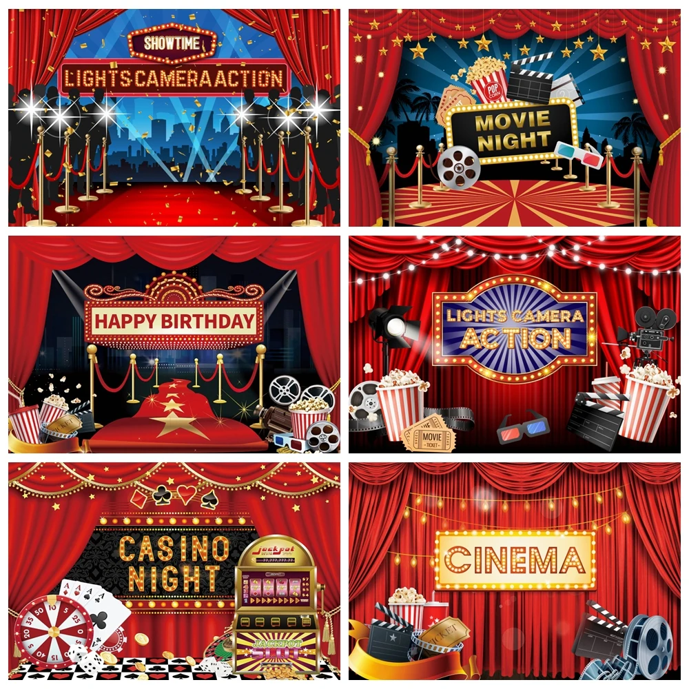 

Cinema Movie Night Theme Backdrop Red Carpet Film Event Star Casino Poker Baby Adult Birthday Party Background Photo Studio Prop