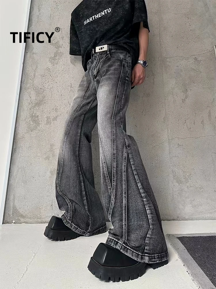

Wrinkled Washed Irregular Jeans Pants Men's Micro Flared Retro Deconstruction Floor Length Casual Streetwear Denim Pants