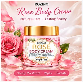 Rozino Selected Bulgarian Rose Valley Luxurious Body Cream, Featuring Damascus Rose Essence from the Country of Roses, with a Dense, Silky Texture That Quickly Melts into the Skin, Providing Instant Hydration. It Has a Natural Rose Fragrance That Is Hydrating and Moisturizing, Suitable for All Skin Types and All Seasons, Offering Deep Hydration, an Ultra-Thin Texture for a Smoother Skin Feel, and Is Ideal for Massage to Lift and Moisturize the Skin