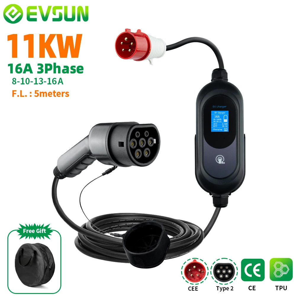 EVSUN 11KW 16A EV Portable Charger 3P Type2 EVSE Charging Box Electric Car Charger CEE Plug IEC62196-2 Electric Vehicle Charger