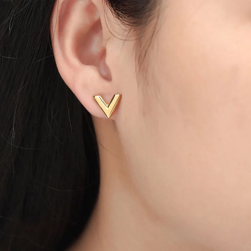 Trend Earrings Trend Luxury Brand Jewelry Simple Design V Letter Stainless Steel Stud Earring For Women Gold-Color Elegant Party