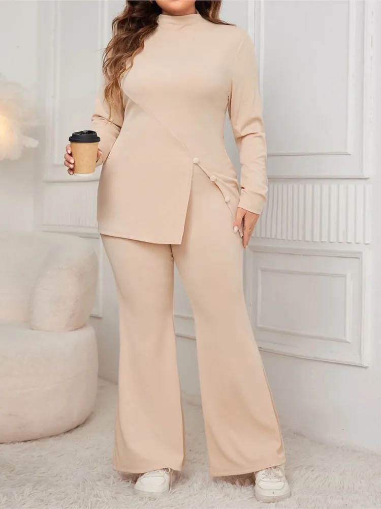 Plus Size Autumn Winter 2 Two Piece Set Women Split Fashion Slim Ladies Blouses High Waist Loose Pleated Woman Flared Pants