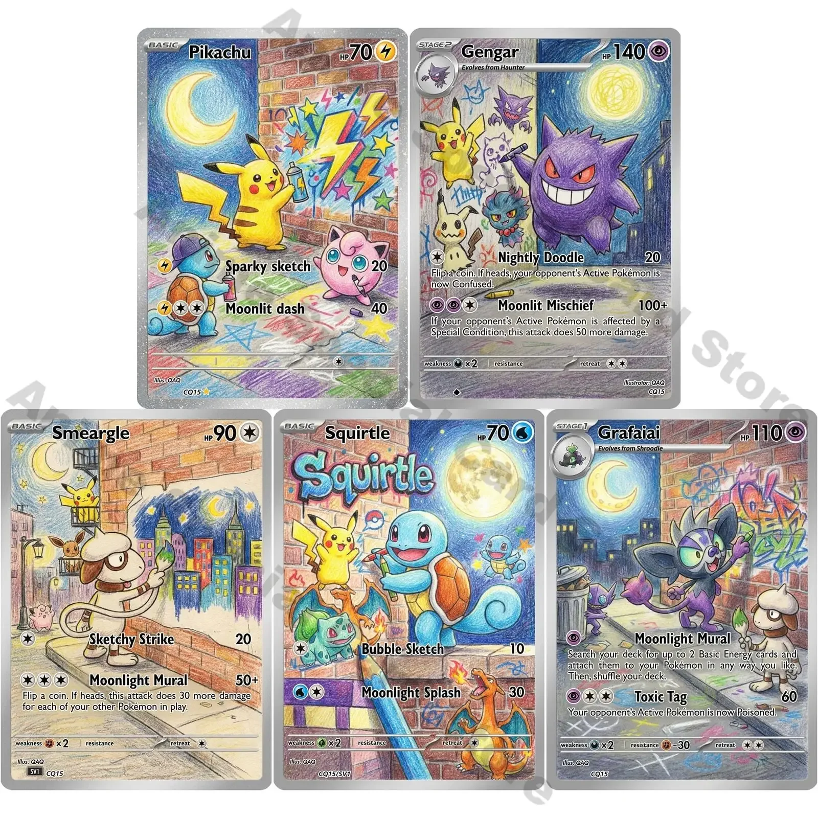 5Pcs PTCG Cards Childrens Colored Pencil Style Moonlit Graffiti Gengar Smeargle Squirtle Grafaiai PTCG PTCG Cards Gift