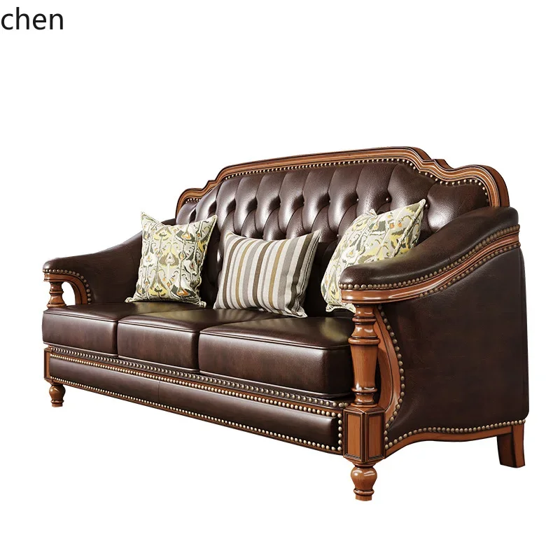 

YFY retro solid wood leather sofa first layer cowhide 123 combination simple beautiful living room villa furniture four people