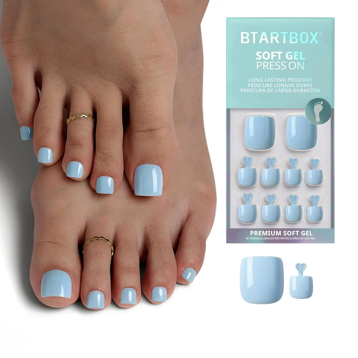 Press On Toenails - Soft Landing, Easy-to-Apply Light Blue Short Square Toe Nail Press Ons with Glue and Adhesive Tabs in 15 Siz