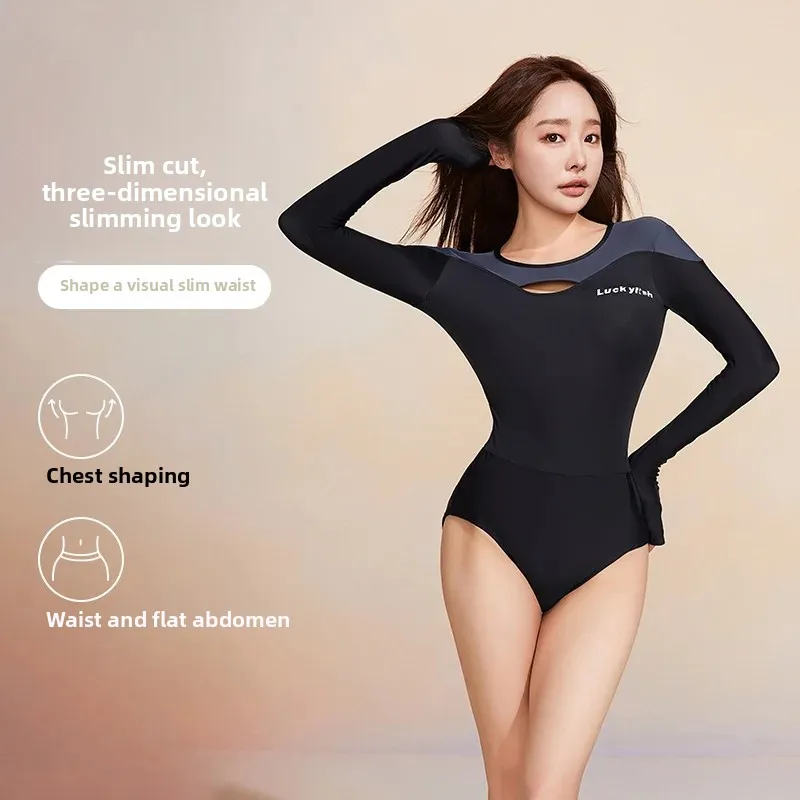 เกาหลีแขนยาว One Piece ชุดว่ายน้ําผู้หญิงแฟชั่น SLIM FIT ชุดว่ายน้ําชุดว่ายน้ํามืออาชีพ Close TO Body