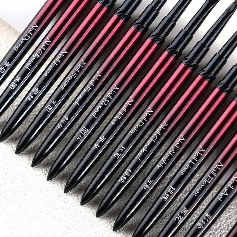 새로운 1/13개 네일 아트 브러쉬 세트 블랙 레드 메탈 핸들 아크릴 UV 젤 폴리쉬 크리스탈 아크릴 네일 드로잉 도구 고품질