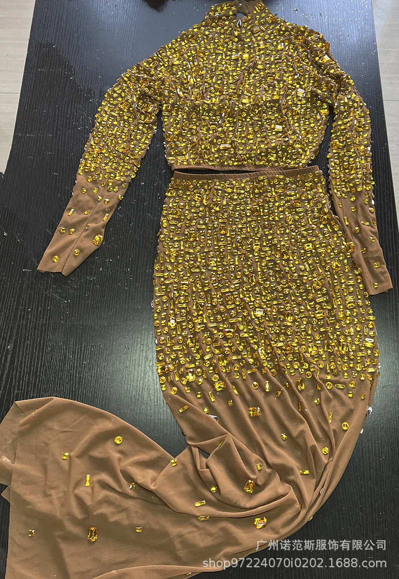 Luxus Gold Diamant Mesh Elastische Strass Rock Sänger Leistung Mode Singen Kleidung Erwachsene Modell Laufsteg Trendige Kleidung