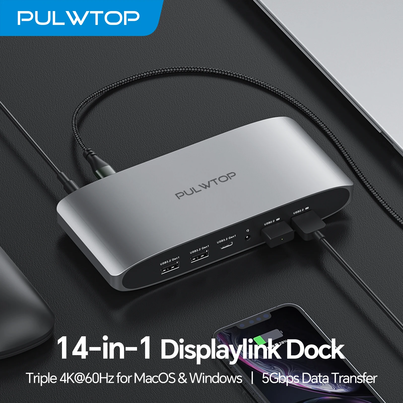PULWTOP 14 IN 1 USB C Displaylink Docking Station with 2 HDMI4K@60Hz, 2 Display Port, PD, USB C Data, 4 USBA, Ethernet, Audio