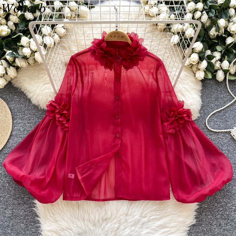 Petal Sweet Blouse Women Clothes 2025 Camisas De Mujer Stand Neck Lantern Sleeve Shirts Loose Vintage Single Breasted Blouses