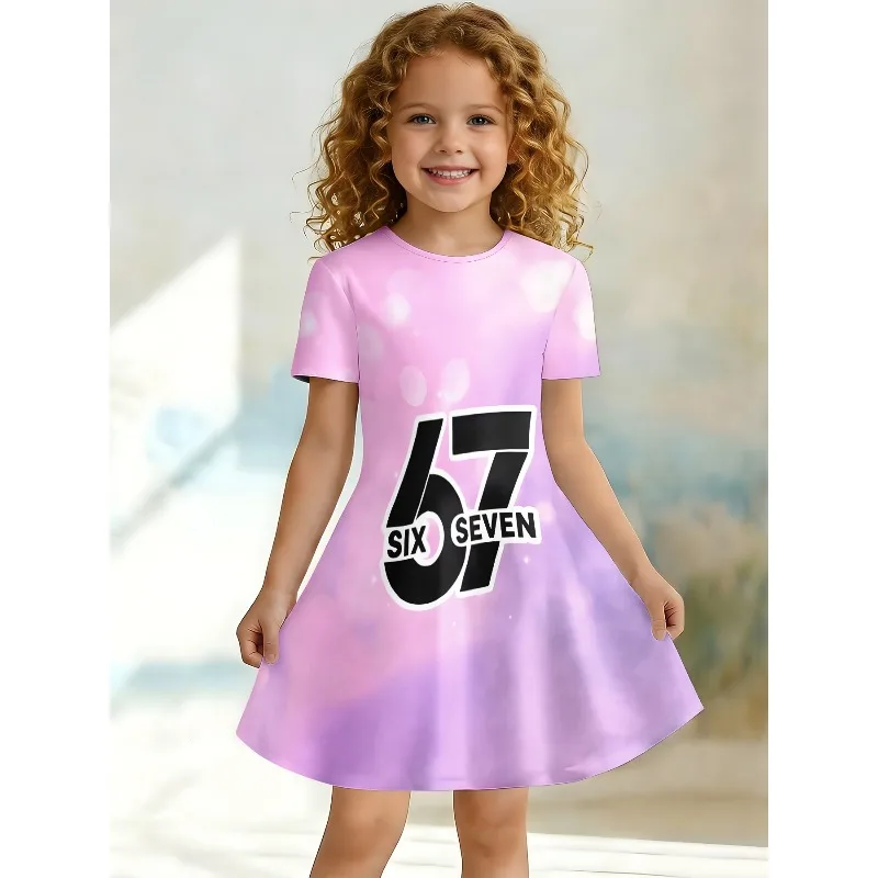 Mädchenkleid mit rosa Farbverlauf und 67-Print, lässiges, kurzärmliges A-Linien-Kleid für Kinder, geeignet für Geburtstagsgeschenke und Partys