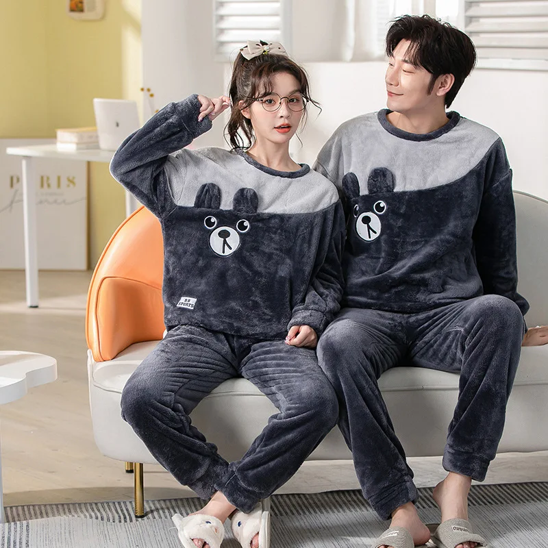 2PCS/Set Women\'s Coral Fleece Pajamas Fall and Winter Padded Thickened Home Clothing Set of Warm Pullover Can Be Worn Outside