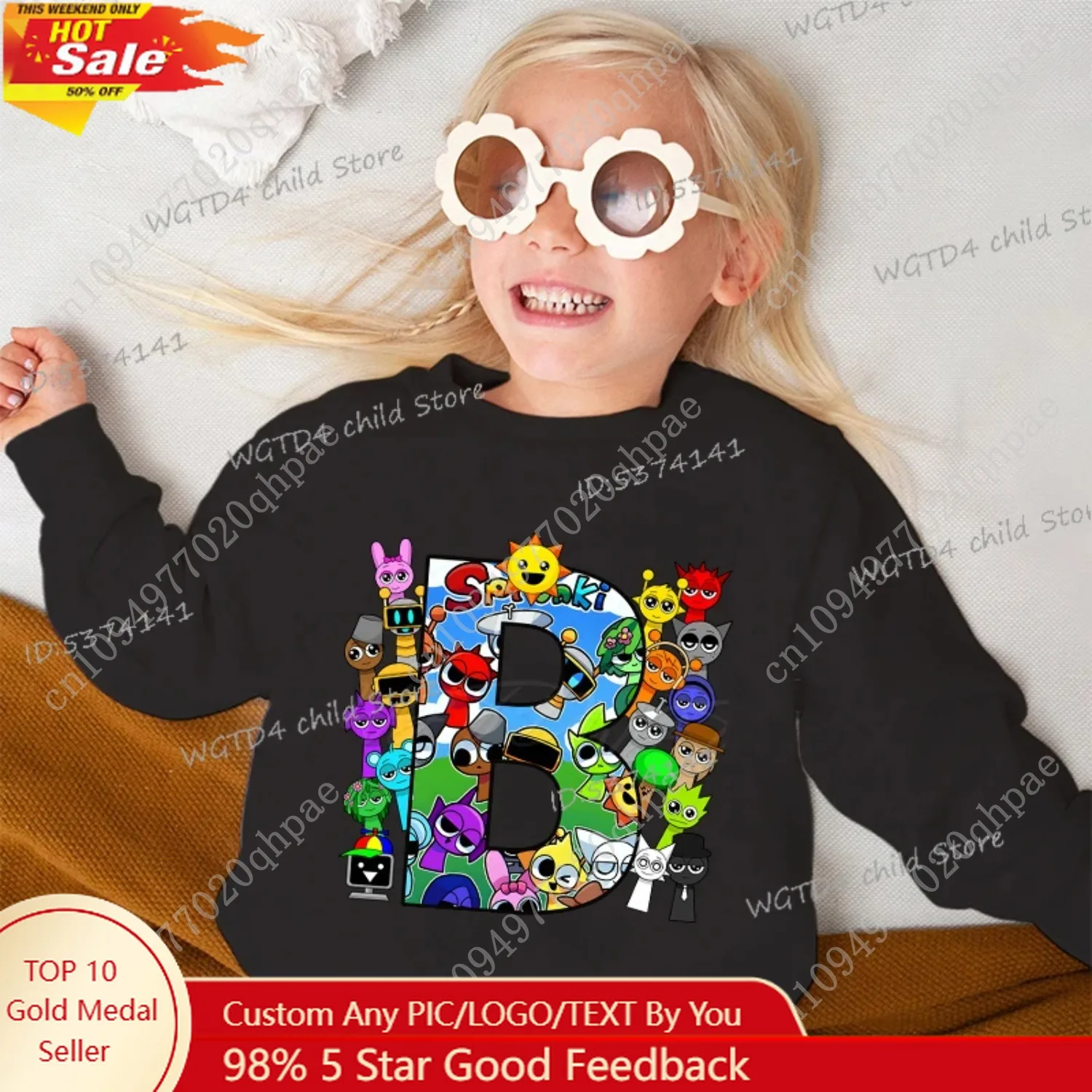 

Black Sweatshirt Sprunki Kawaii Alphabet kids Clothing Fashion Boys Girls Long Sleeve Hoodless Pullover Cartoon Horror Game Tops